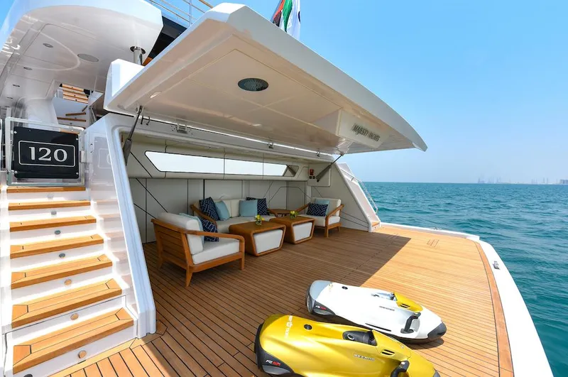  Yacht Photos Pics Luxury yacht Majesty 120, 2026 model, with elegant deck and sea view.