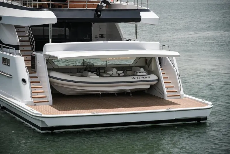  Yacht Photos Pics Luxury yacht Majesty 120, 2026 model, with tender boat on deck.