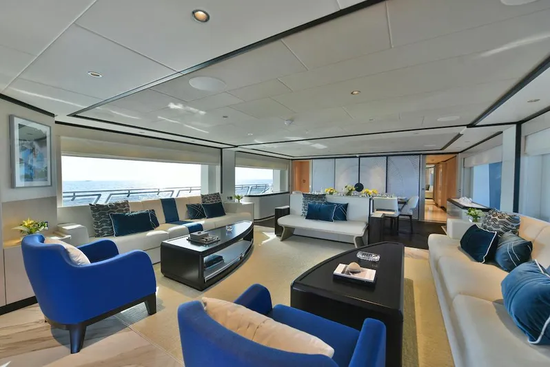  Yacht Photos Pics Luxurious interior of 2026 Majesty 120 yacht with elegant seating and ocean views.