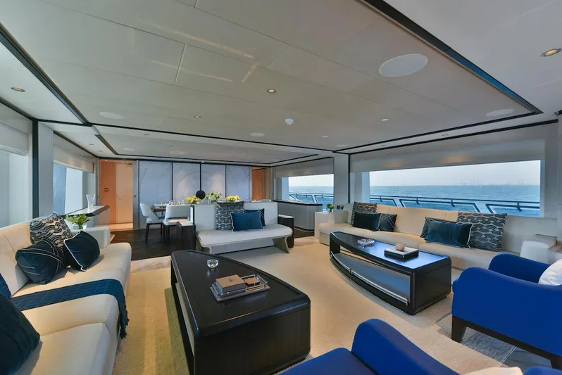  Yacht Photos Pics Luxurious interior of 2026 Majesty 120 yacht with elegant seating and ocean views.