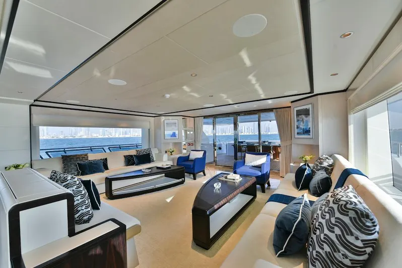  Yacht Photos Pics Luxurious interior of 2026 Majesty 120 yacht with elegant seating and panoramic ocean views.