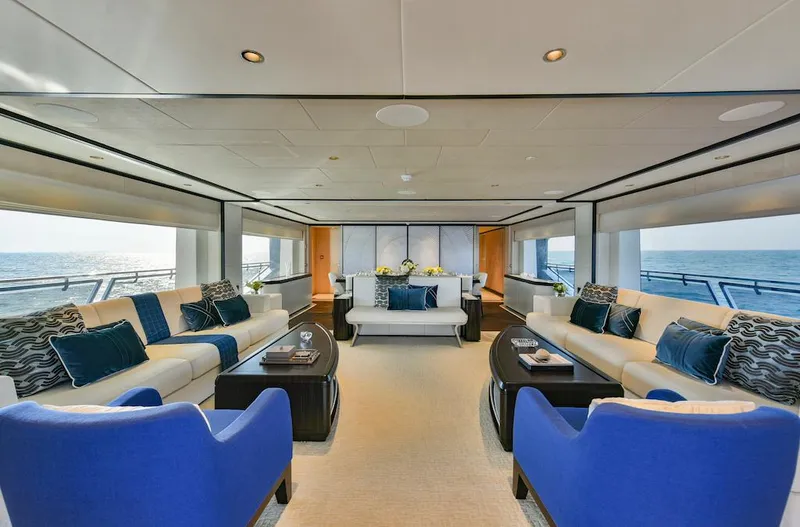  Yacht Photos Pics Luxurious 2026 Majesty 120 yacht interior with elegant seating and ocean views.