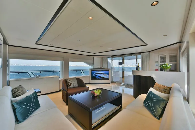  Yacht Photos Pics Luxurious 2026 Majesty 120 yacht interior with modern decor and ocean view.