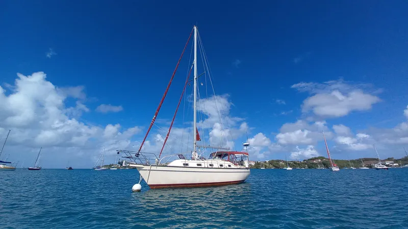Sunny Girl Yacht Photos Pics Sailboat Island Packet 370, 2004 model, anchored in clear blue waters under a sunny sky.