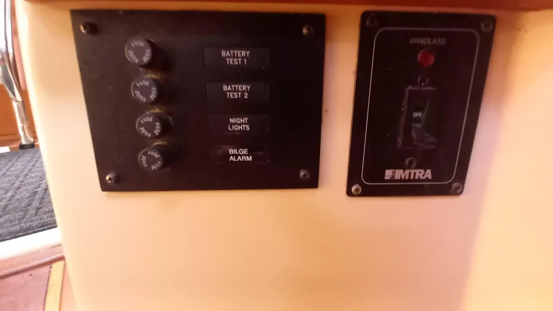 Sunny Girl Yacht Photos Pics Control panel on a 2004 Island Packet 370 sailboat with battery tests and bilge alarm.