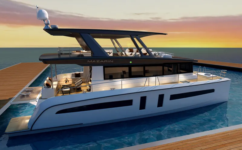  Yacht Photos Pics Mazarin 55 Catamaran Hybrid Electric EVO II, 2025 model, docked at sunset.