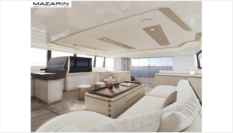  Yacht Photos Pics Luxurious interior of 2025 Mazarin 55 Catamaran Hybrid Electric EVO II yacht.