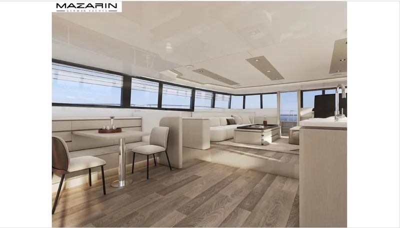  Yacht Photos Pics Luxurious interior of 2025 Mazarin 55 Catamaran Hybrid Electric EVO II with modern furnishings.