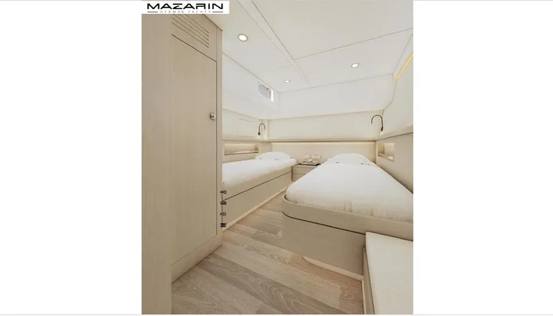  Yacht Photos Pics Interior of 2025 Mazarin 55 Catamaran, featuring twin beds and modern design.