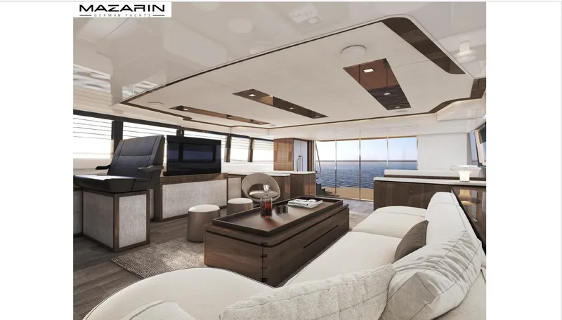  Yacht Photos Pics Luxurious interior of 2025 Mazarin 55 Catamaran Hybrid Electric EVO II yacht.