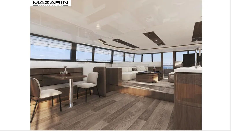  Yacht Photos Pics Luxurious interior of 2025 Mazarin 55 Catamaran Hybrid Electric EVO II with modern furnishings.