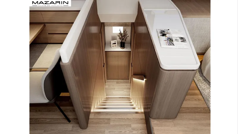  Yacht Photos Pics Interior of 2025 Mazarin 55 Catamaran Hybrid Electric, featuring modern wooden staircase and sleek design.