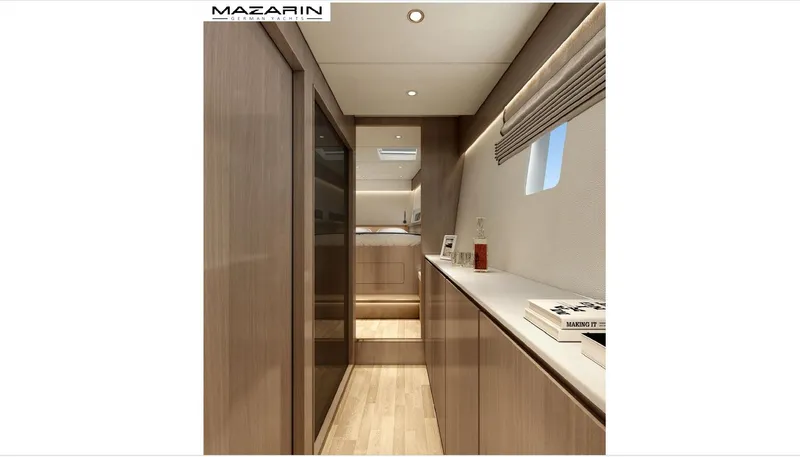  Yacht Photos Pics Interior of 2025 Mazarin 55 Catamaran Hybrid Electric EVO II, featuring modern wood finishes.