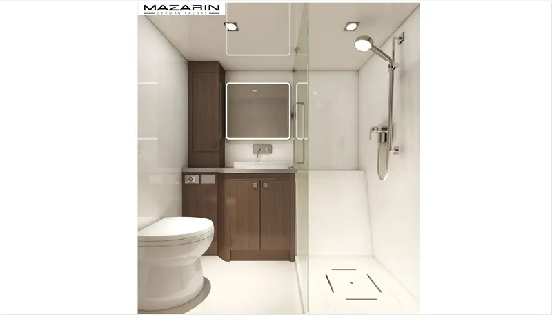  Yacht Photos Pics Luxurious bathroom in 2025 Mazarin 55 Catamaran, featuring modern shower and sleek design.
