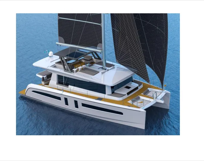  Yacht Photos Pics 2025 Mazarin 55 Catamaran EVO II, hybrid electric, sailing on blue water.