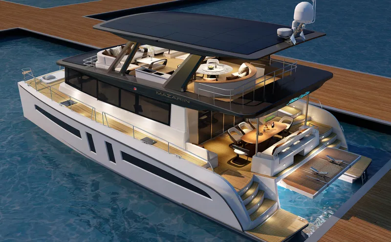  Yacht Photos Pics 2025 Mazarin 55 Catamaran Hybrid Electric EVO II docked, showcasing modern design and luxury features.