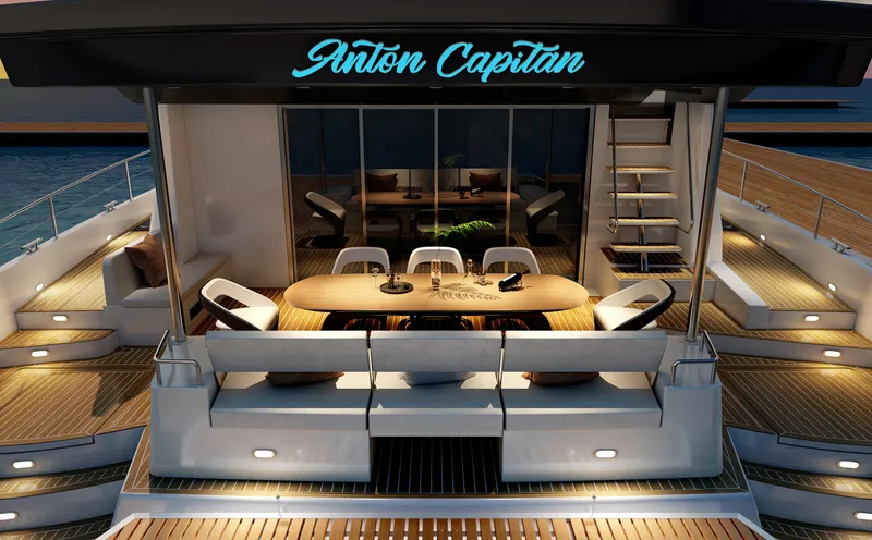  Yacht Photos Pics 2025 Mazarin 55 Catamaran Hybrid Electric EVO II with elegant outdoor dining area.