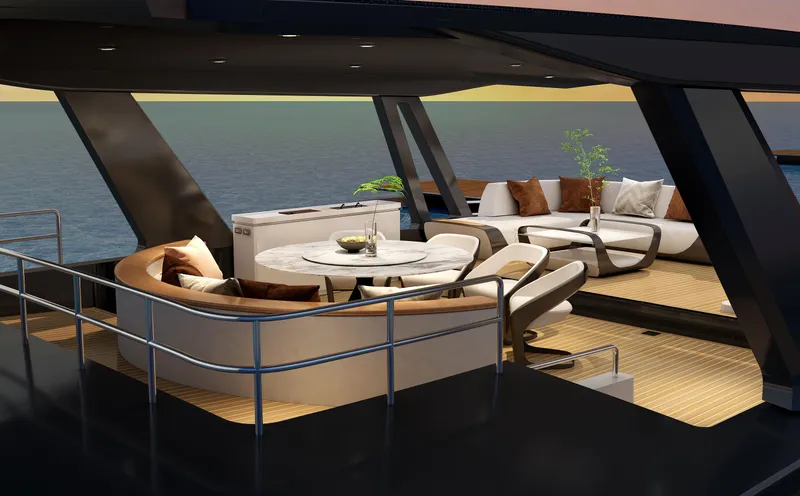  Yacht Photos Pics Luxurious 2025 Mazarin 55 Catamaran with modern outdoor seating and ocean view.