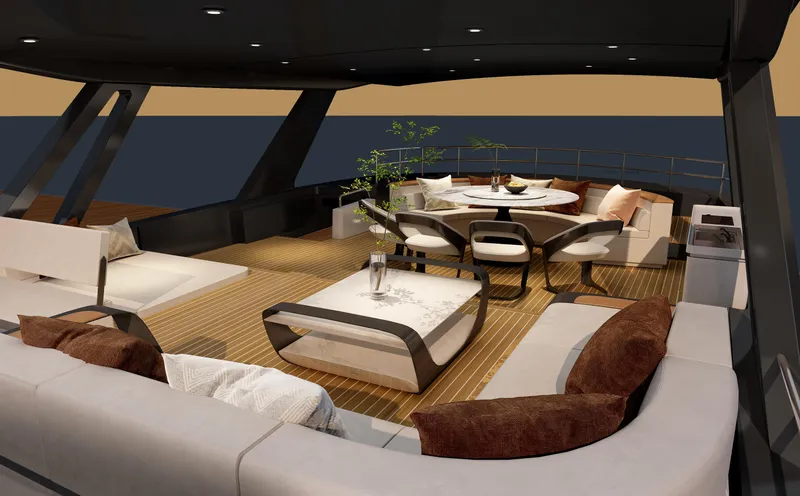  Yacht Photos Pics Luxurious deck of 2025 Mazarin 55 Catamaran Hybrid Electric EVO II with elegant seating and dining area.