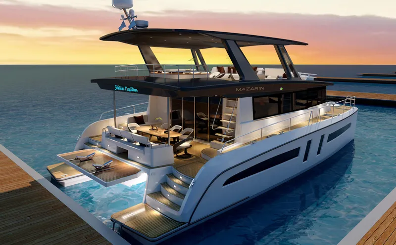  Yacht Photos Pics 2025 Mazarin 55 Catamaran Hybrid Electric EVO II at sunset, docked with elegant design.