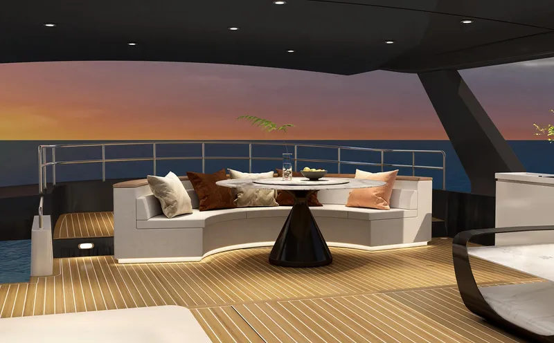  Yacht Photos Pics Luxurious deck of 2025 Mazarin 55 Catamaran Hybrid Electric EVO II at sunset.