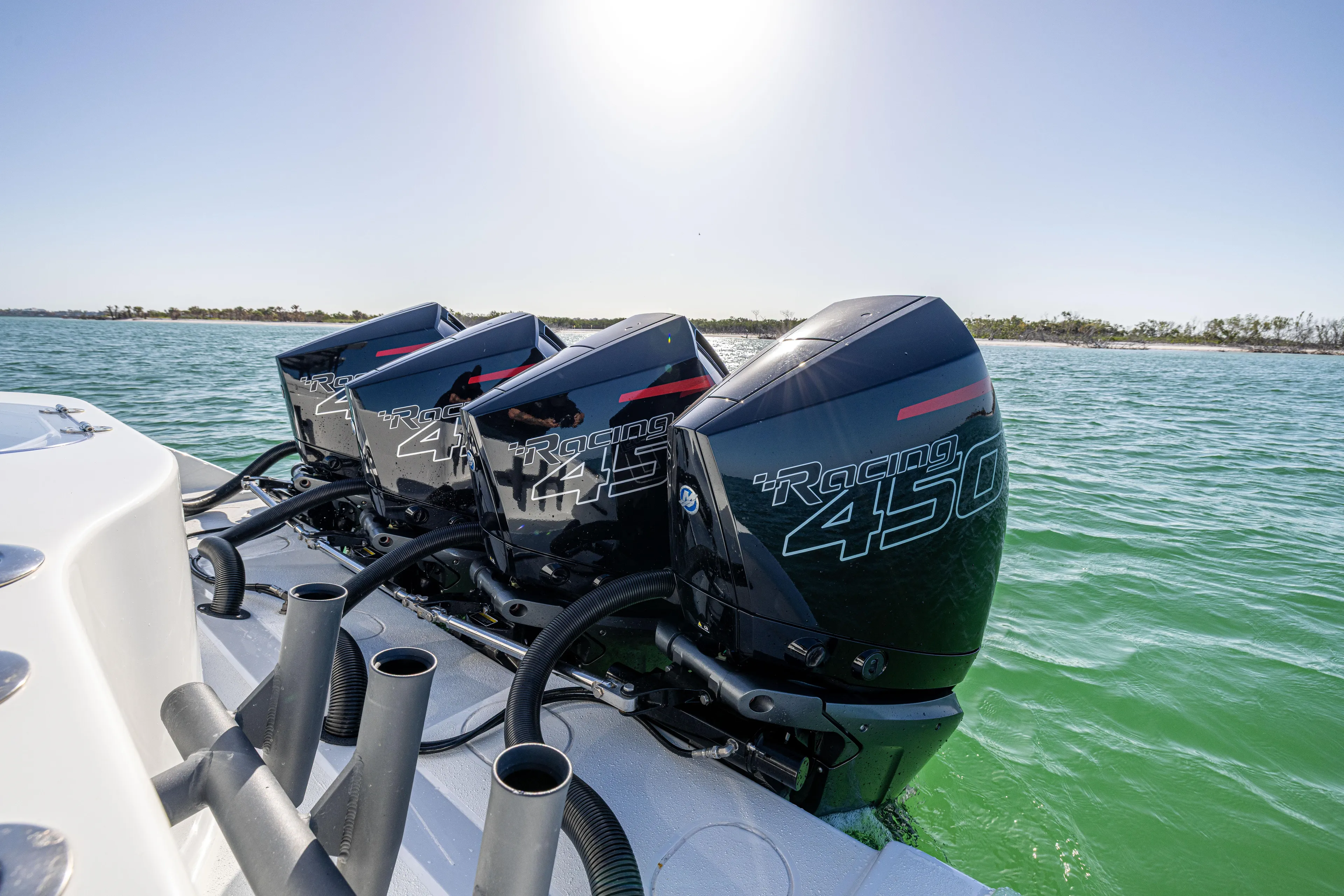  Yacht Photos Pics Triple Mercury Racing 450 engines on 2023 Yellowfin 39 Offshore boat in open water.