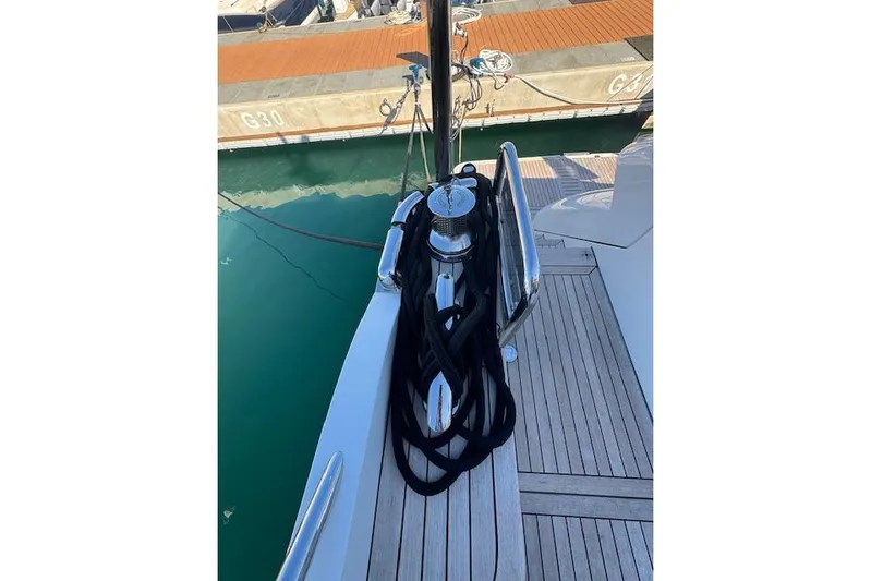  Yacht Photos Pics 2014 Princess V 72 yacht deck with mooring ropes and polished fittings.
