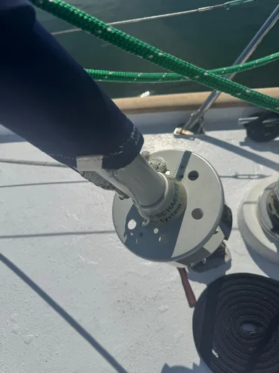 Windsong Yacht Photos Pics Close-up of a 1989 Taswell 49 sailboat deck with rigging details.