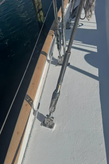 Windsong Yacht Photos Pics Deck of 1989 Taswell 49 sailboat with rigging and wooden trim.