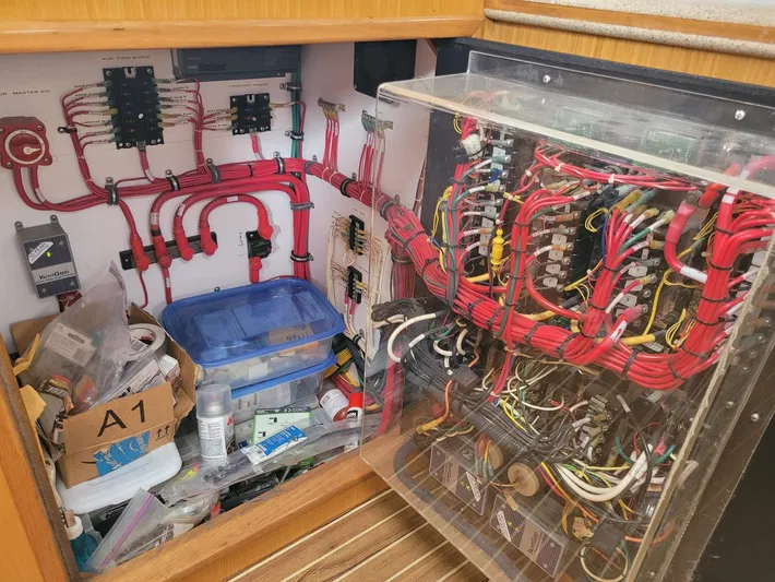 Storyteller Yacht Photos Pics Electrical panel and wiring inside a 2007 Manta 42 Mk IV sailing catamaran.