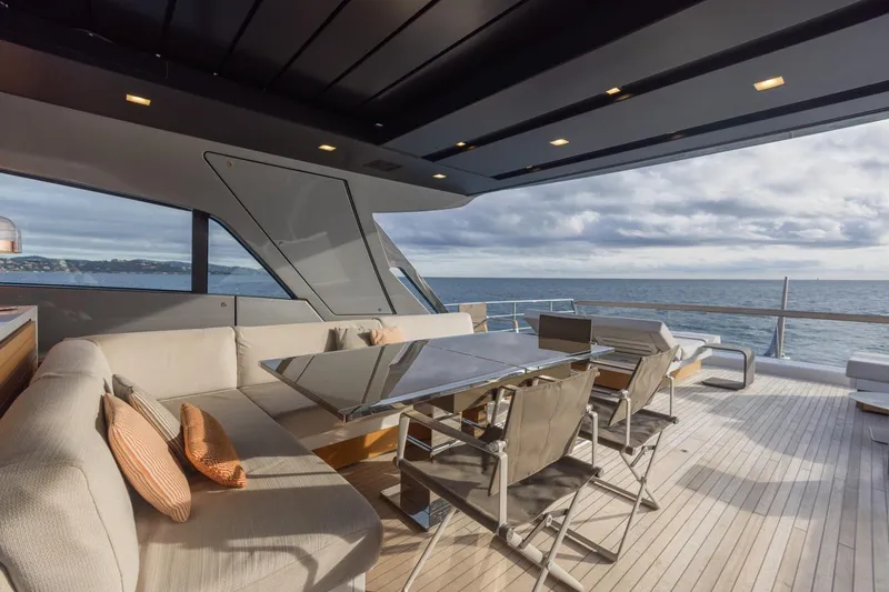 Vinci II Yacht Photos Pics Luxurious 2019 Sanlorenzo SX88 yacht deck with elegant seating and ocean view.