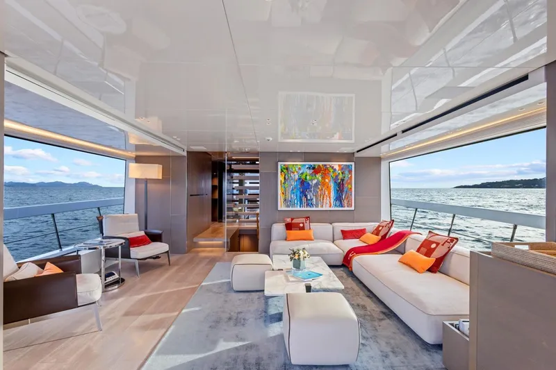 Vinci II Yacht Photos Pics Luxurious interior of 2019 Sanlorenzo SX88 yacht with modern decor and ocean view.