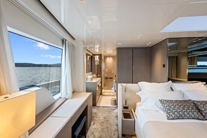 Vinci II Yacht Photos Pics Luxurious 2019 Sanlorenzo SX88 yacht interior with elegant bedroom and scenic ocean view.