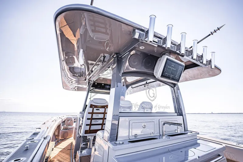 Fifty Shades Of Graydon Yacht Photos Pics 2023 HCB 42 Lujo luxury boat interior with advanced navigation system.