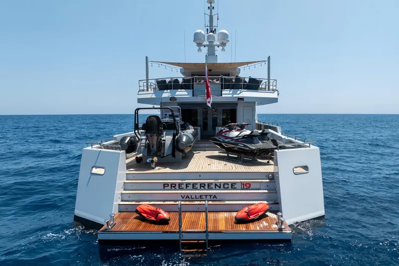 Preference 19 Yacht Photos Pics Luxury Tansu Custom yacht, 2011 model, with jet skis and sea toys on deck.