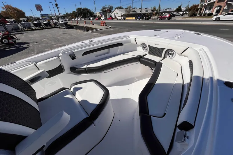  Yacht Photos Pics 2026 Tidewater 256 LXF boat interior with sleek seating and modern design.