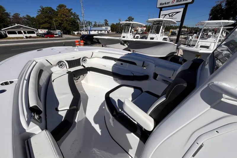  Yacht Photos Pics 2026 Tidewater 256 LXF boat interior with sleek seating and modern design.