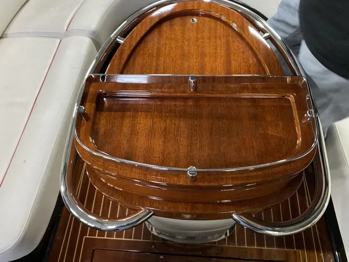 Chinkapin Yacht Photos Pics 2016 Riva Aquariva Super boat interior with polished wood and chrome details.