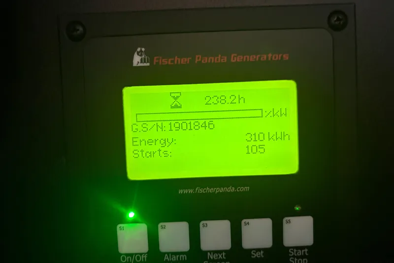  Yacht Photos Pics Fischer Panda generator display showing 238.2 hours, 310 kWh energy, 105 starts.