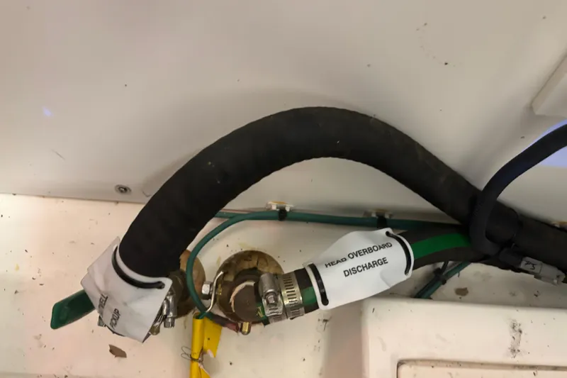  Yacht Photos Pics Boat plumbing system with labeled discharge hose on 2020 Pursuit DC 365 Dual Console.