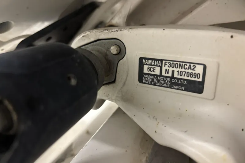  Yacht Photos Pics Close-up of Yamaha F300NCA2 engine label on 2020 Pursuit DC 365 Dual Console.
