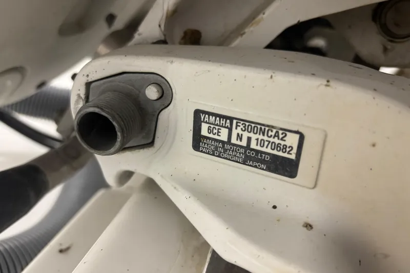  Yacht Photos Pics Close-up of Yamaha F300NCA2 engine part on 2020 Pursuit DC 365 Dual Console.