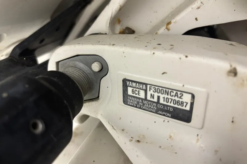  Yacht Photos Pics Close-up of Yamaha motor label on 2020 Pursuit DC 365 Dual Console boat.