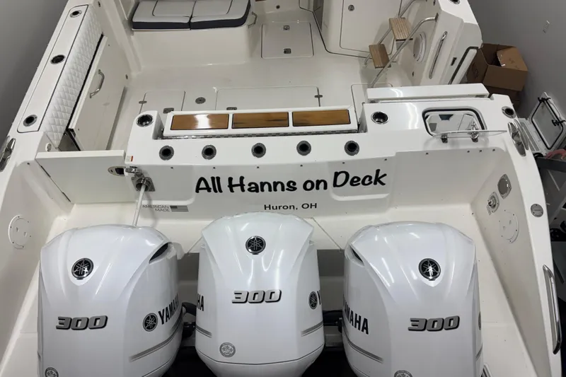  Yacht Photos Pics 2020 Pursuit DC 365 Dual Console boat with triple Yamaha 300 engines, "All Hanns on Deck."