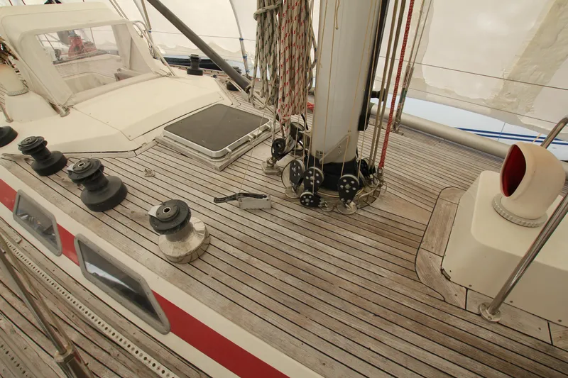 Le Reve Yacht Photos Pics 1983 Nautor Swan 46mkI sailboat deck with winches and rigging.