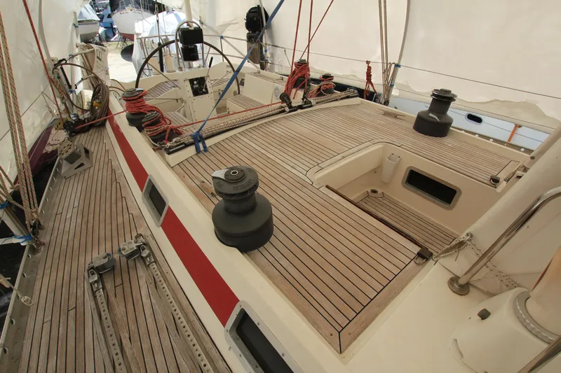 Le Reve Yacht Photos Pics 1983 Nautor Swan 46mkI sailboat deck with teak finish and winches.