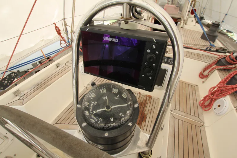 Le Reve Yacht Photos Pics Cockpit of 1983 Nautor Swan 46mkI sailboat with compass and navigation system.