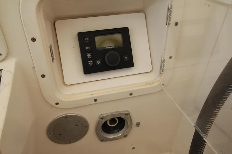 Le Reve Yacht Photos Pics Control panel on 1983 Nautor Swan 46mkI yacht, featuring navigation and auto settings.