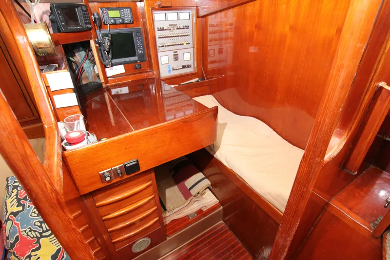Le Reve Yacht Photos Pics Cozy cabin interior of 1983 Nautor Swan 46mkI yacht with navigation equipment.