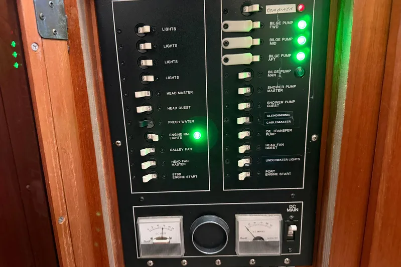 Frayed Knot Yacht Photos Pics Control panel of a 1987 Viking 44 Motor Yacht with switches and indicators.